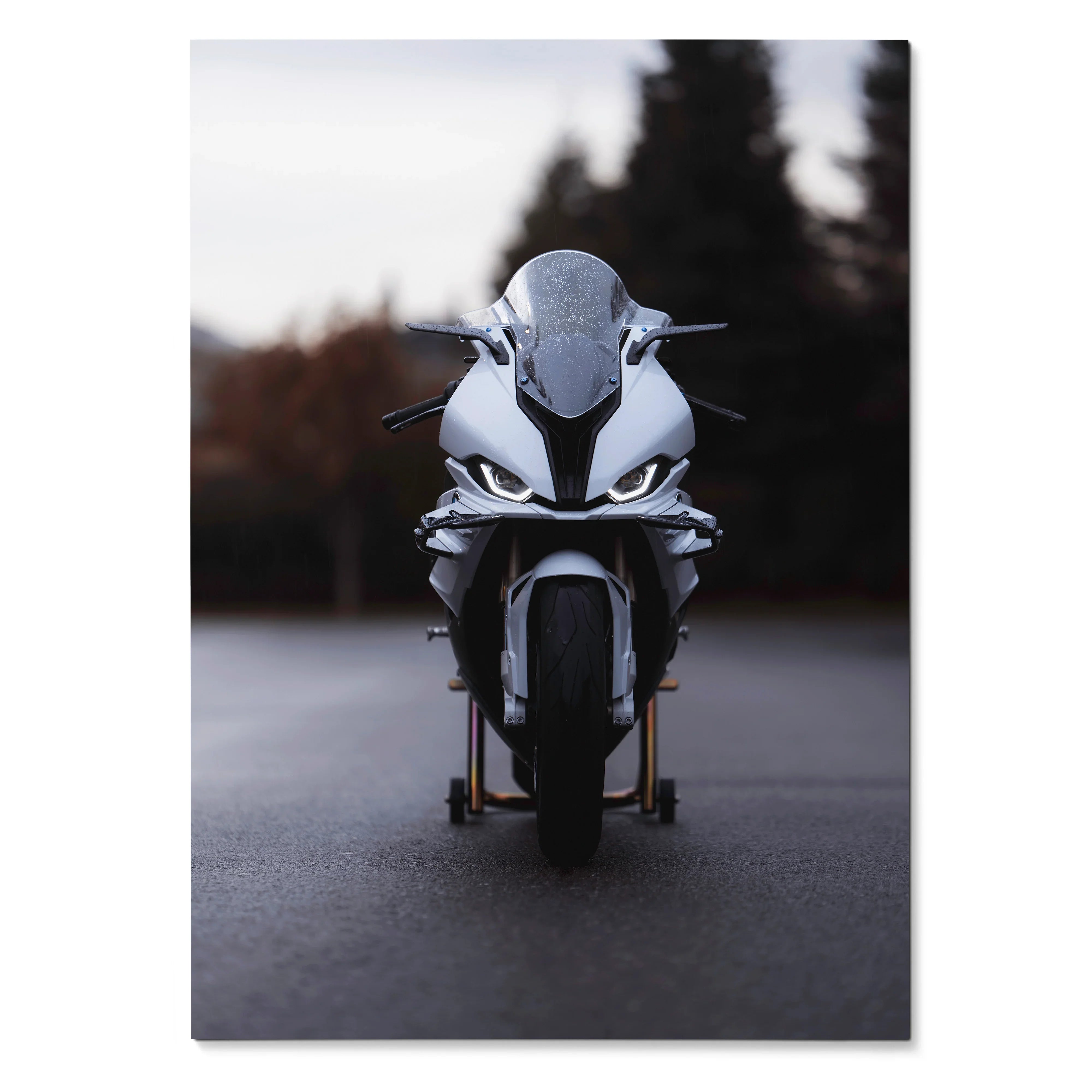 BMW S1000RR motorcycle front view poster with sleek white and black design wall art.