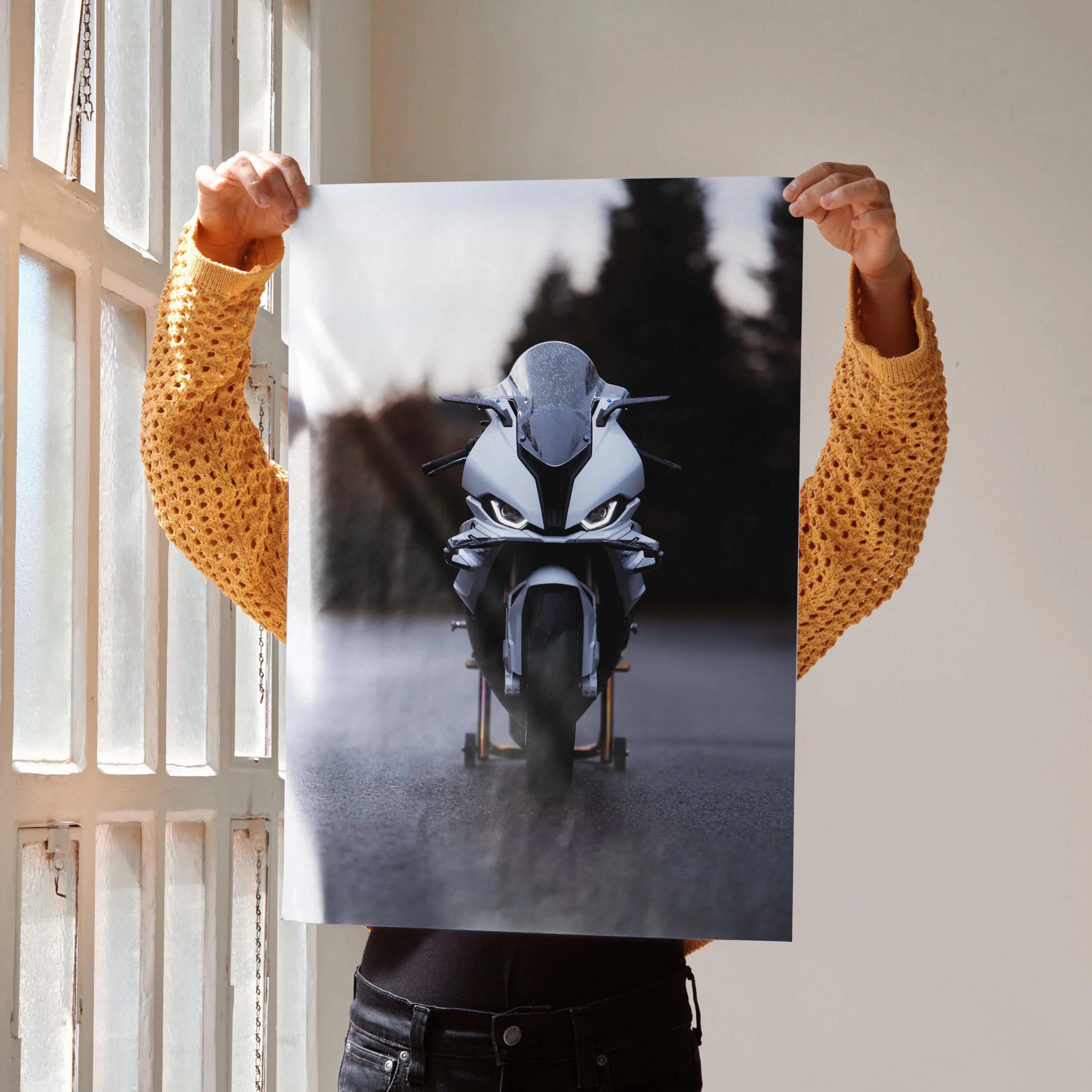 BMW S1000RR motorcycle poster showing front view of bike on dark road, sleek wall art design.