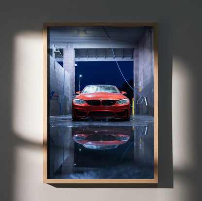 BMW F80 M3 red sports car poster with reflective wet floor, iconic automotive wall art.