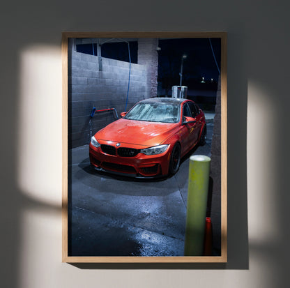 BMW F80 M3 red sports car poster with dark urban garage background, premium wall art.