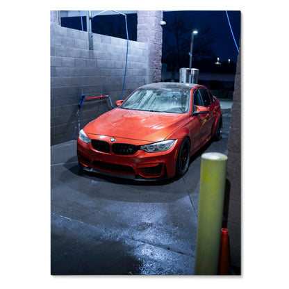 Red BMW F80 M3 parked in a dimly lit alleyway poster wall art.