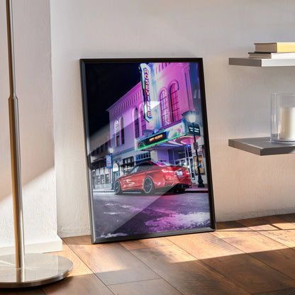 BMW F80 M3 parked on urban street at night poster wall art in black frame.