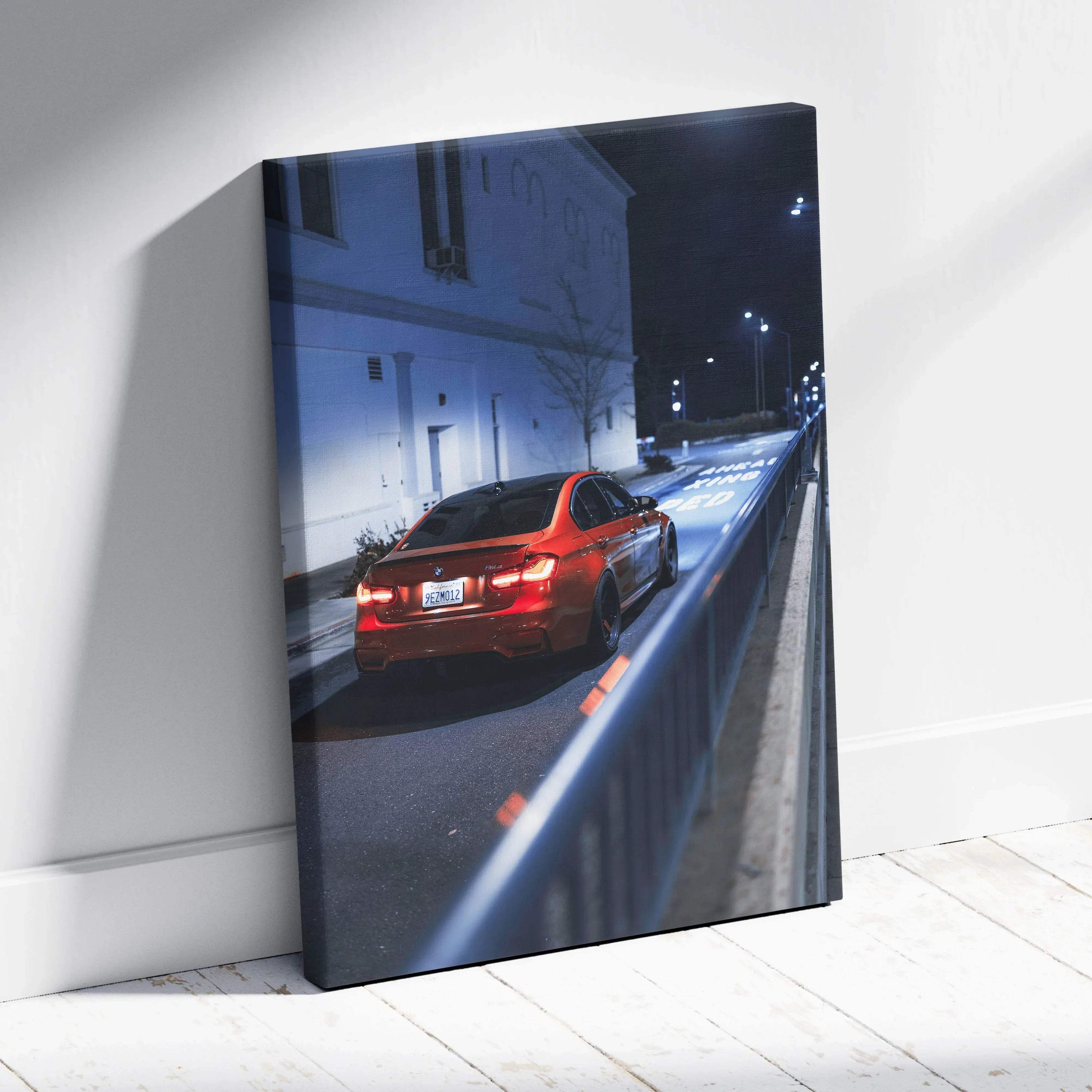 Vertical canvas art featuring a red BMW F80 M3 on a nighttime city street, high-resolution wall art.