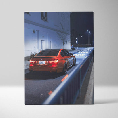 Vertical canvas art featuring a red BMW F80 M3 car at night with street and building background wall art.