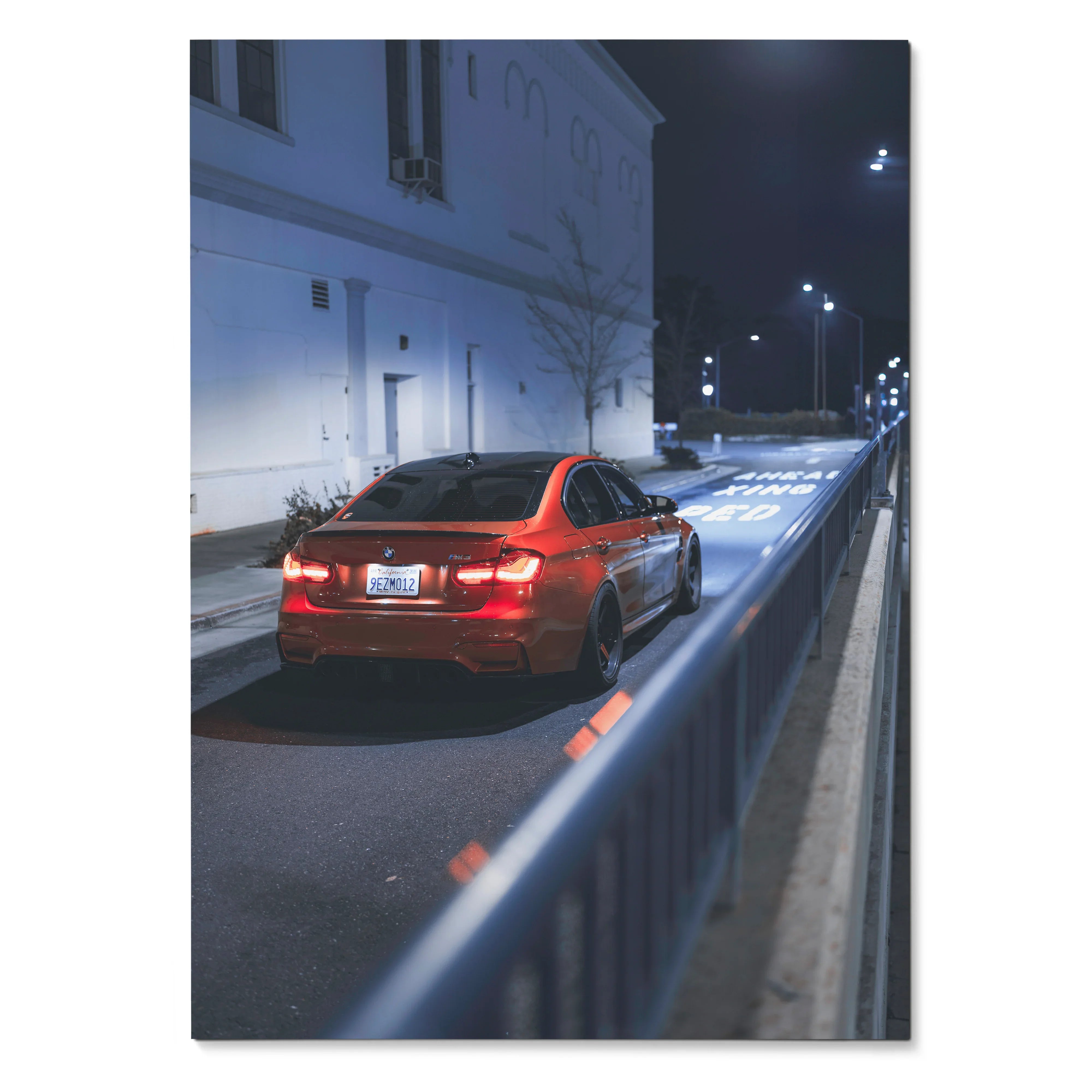 BMW F80 M3 red car driving at night urban street poster wall art.