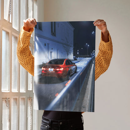 BMW F80 M3 rear view at night poster with red taillights, urban street wall art.