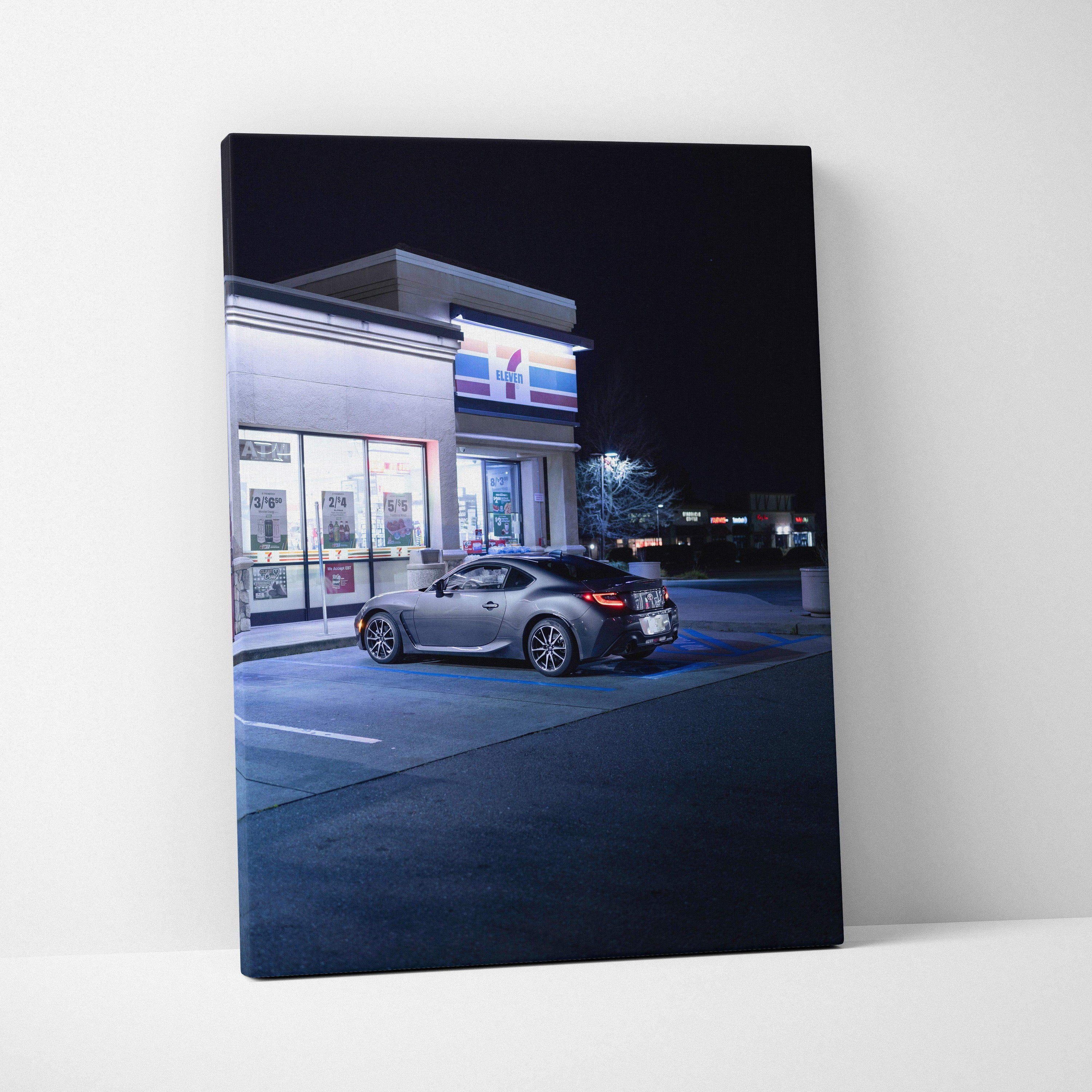 Toyota GR86 parked outside convenience store at night canvas wall art print.