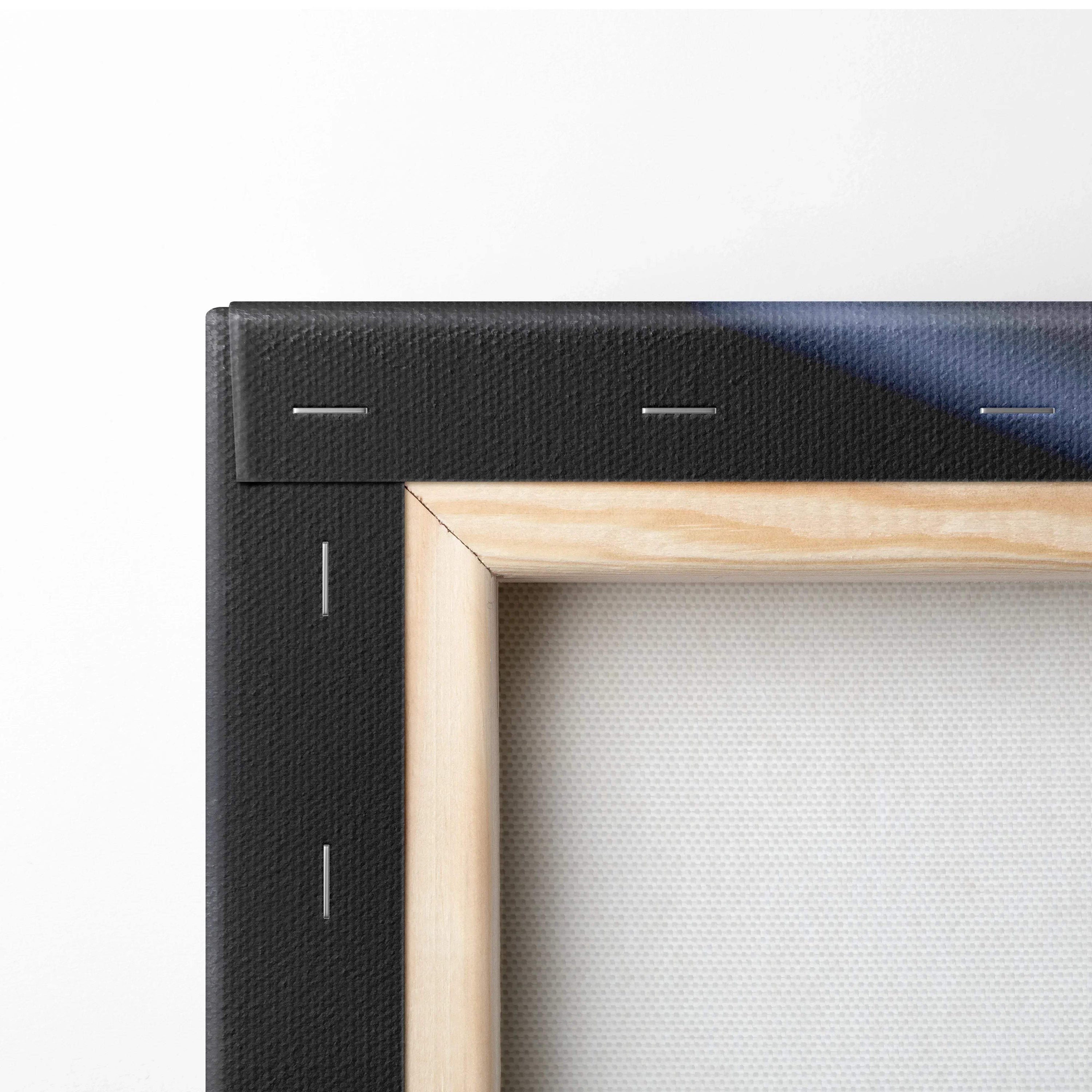 Close-up of black-stretch canvas with natural wood frame for vertical canvas art wall art.
