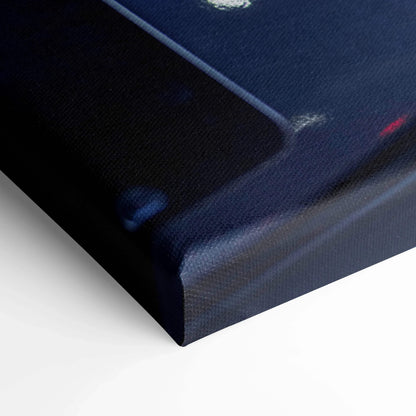 Close-up of navy blue Toyota GR86 canvas wall art with high-resolution textured canvas print.