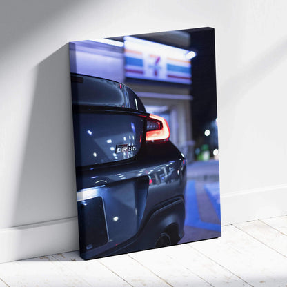 Toyota GR86 close-up rear view at night canvas art wall art print on vertical canvas.