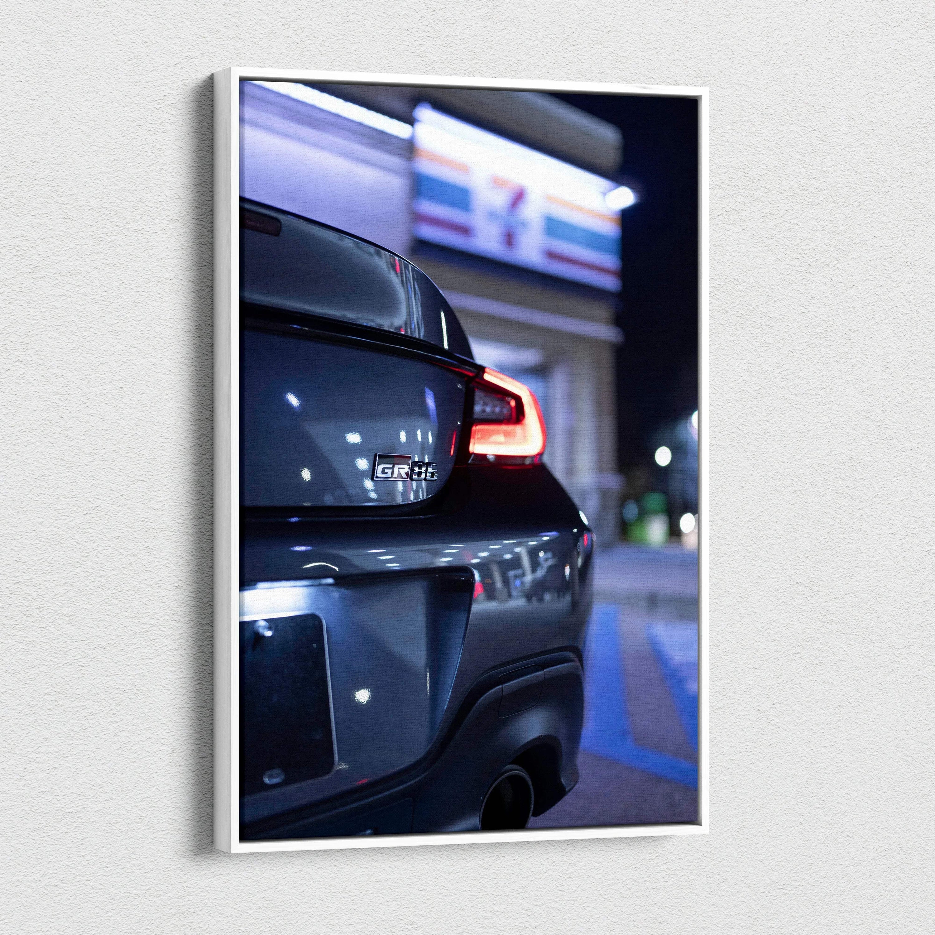 Toyota GR86 rear detail canvas art with neon-lit night background, vertical wall art.