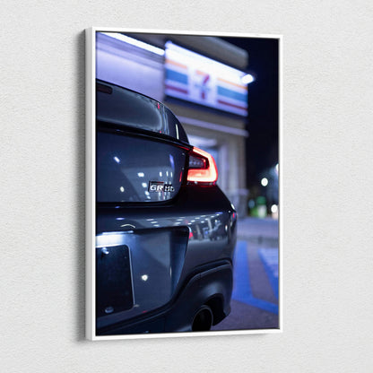 Toyota GR86 rear detail canvas art with neon-lit night background, vertical wall art.