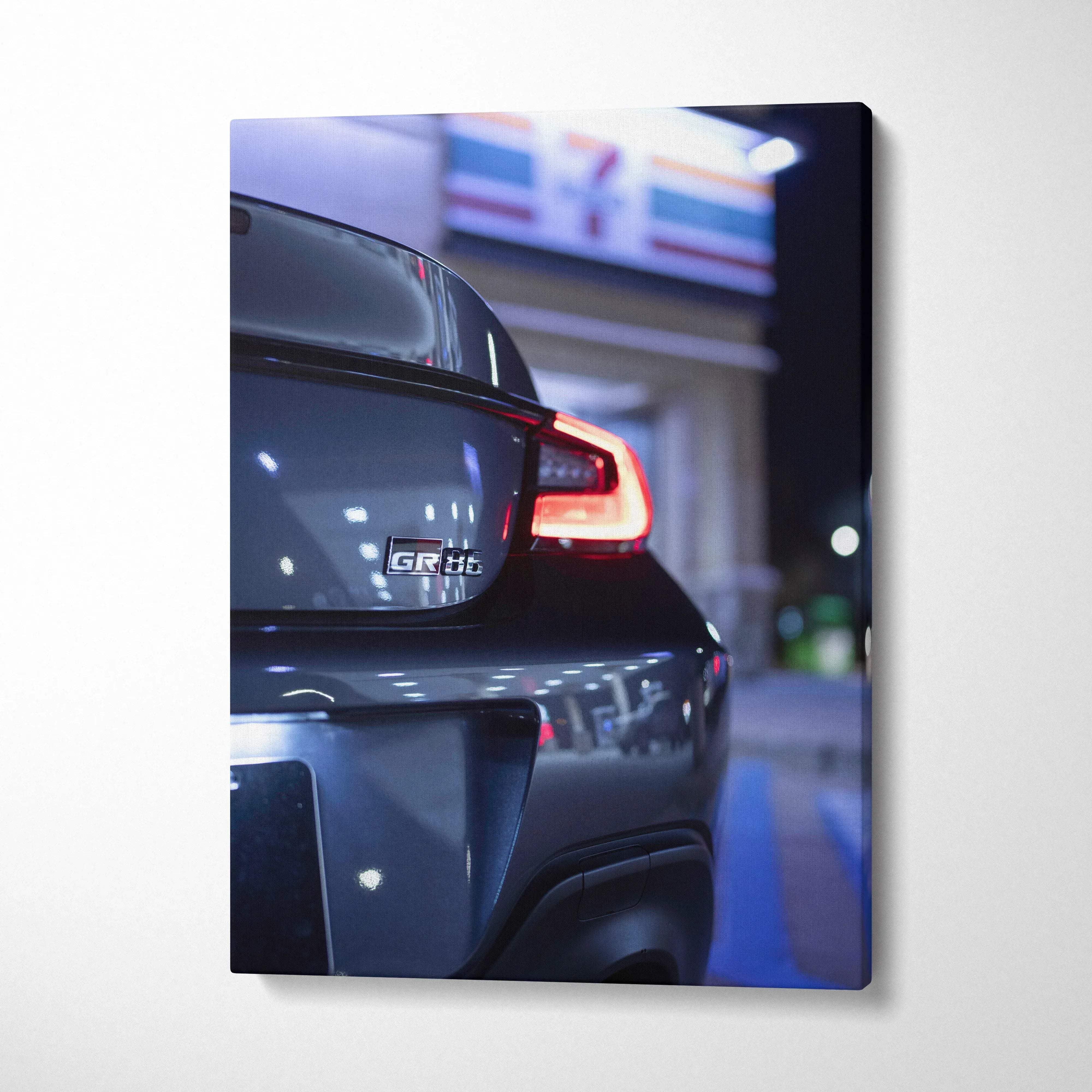 Toyota GR86 rear close-up in night scene canvas art, vertical wall art print.