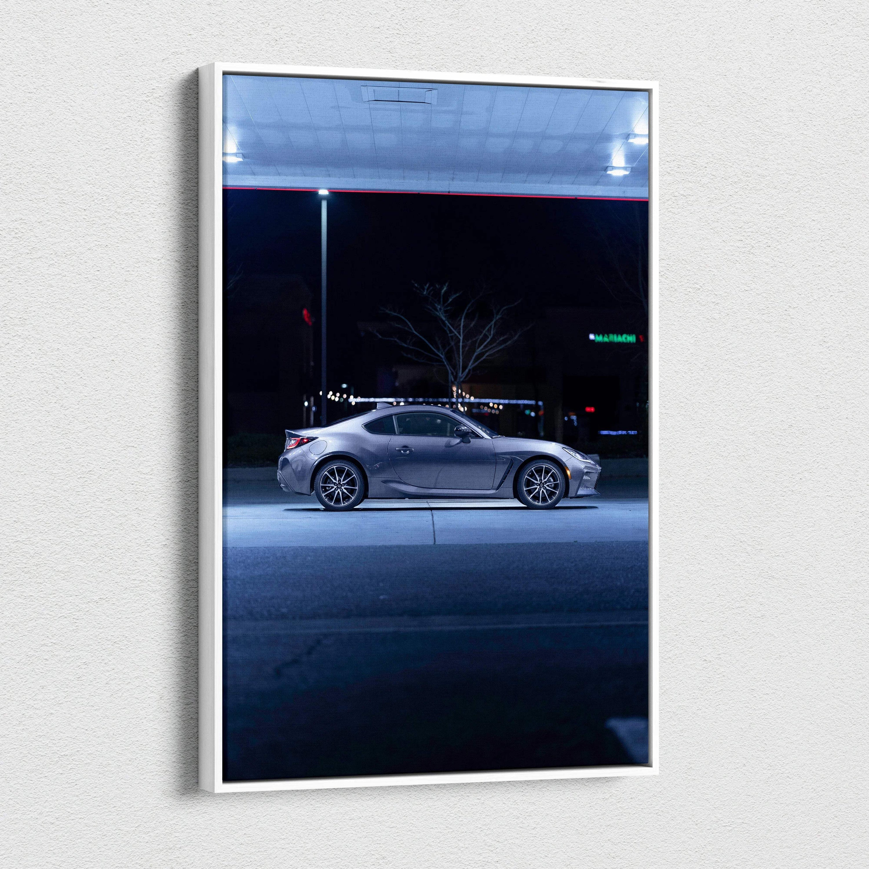 Toyota GR86 sleek silver sports car at night canvas wall art vertical canvas print.