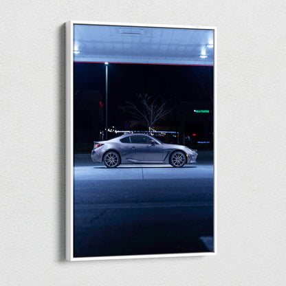 Toyota GR86 sleek silver sports car at night canvas wall art vertical canvas print.