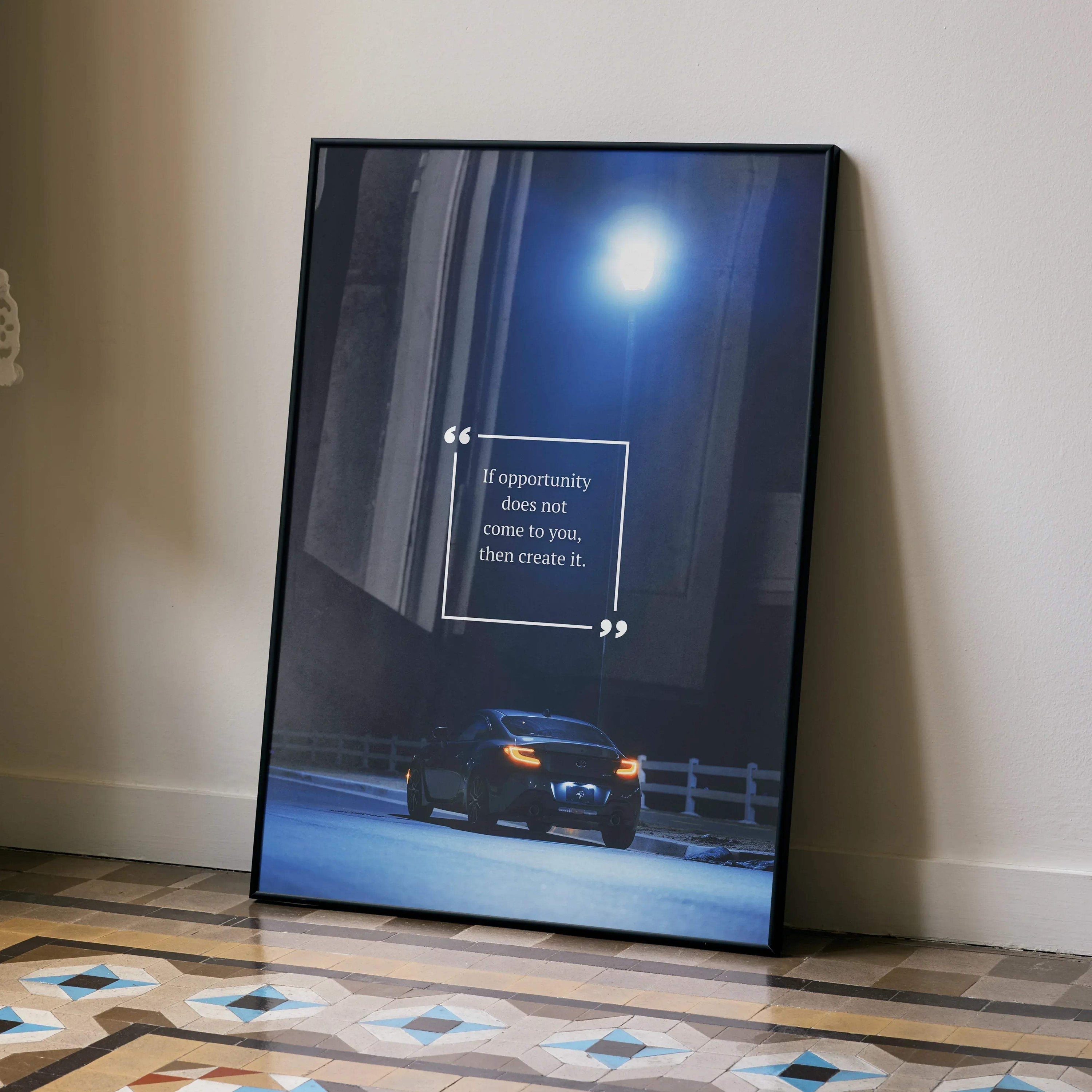 Motivational poster wall art featuring a Toyota GR86 car at night with inspiring quote and dark blue tones.