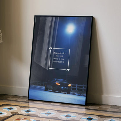 Motivational poster wall art featuring a Toyota GR86 car at night with inspiring quote and dark blue tones.