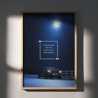 Motivational poster wall art featuring a Toyota GR86 under streetlight at night with inspirational quote.