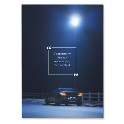 Toyota GR86 poster with motivational quote under bright streetlight, night scene wall art.