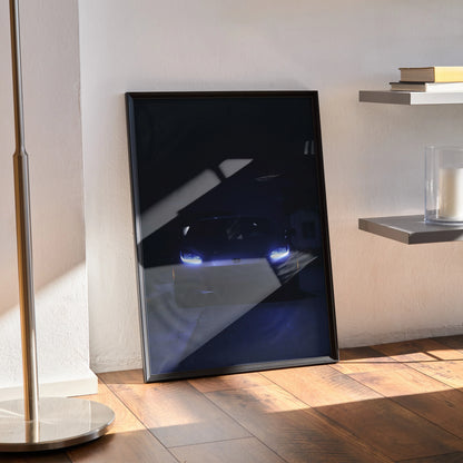 GR86 automotive art poster with dark, sleek car design leaning against wall as modern wall art.