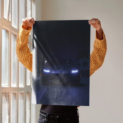 GR86 automotive art poster featuring car headlights glowing in dark, high-quality wall art.
