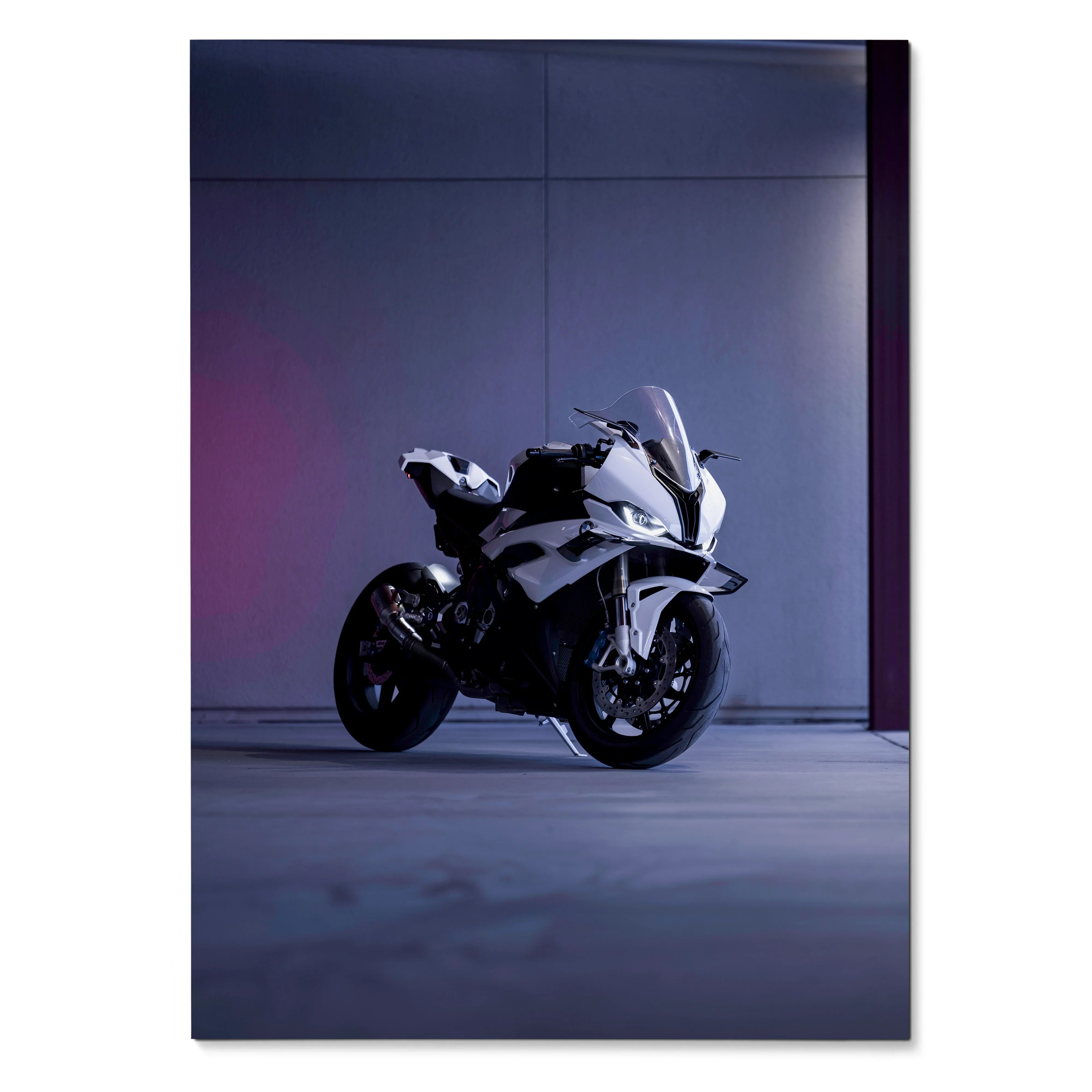 BMW S1000RR motorcycle poster with sleek white bike against dark urban backdrop wall art.