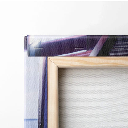 Close-up of natural wood frame corner and white canvas texture for vertical wall art canvas print.