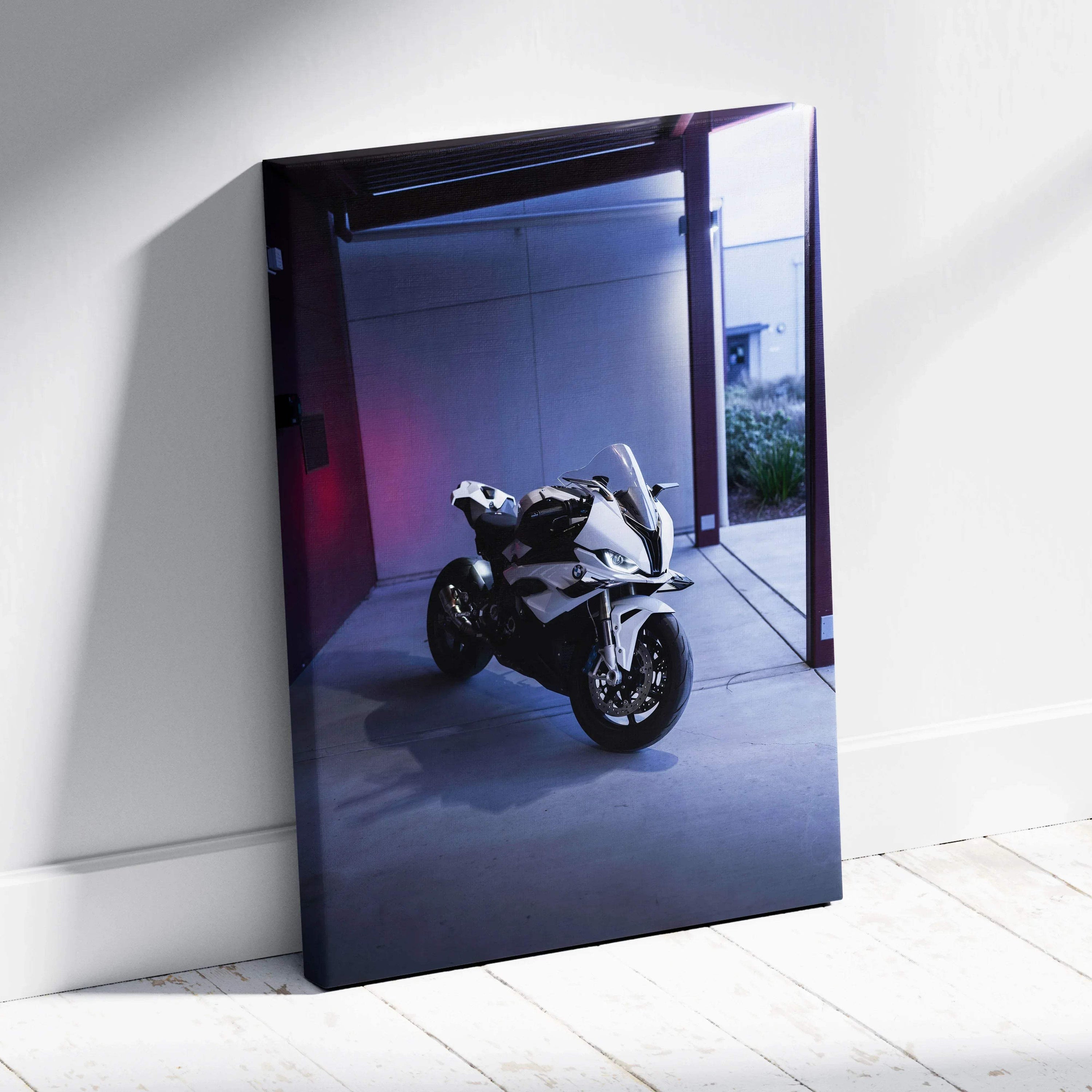 BMW S1000RR motorcycle canvas art with moody lighting, vertical museum-quality wall art.