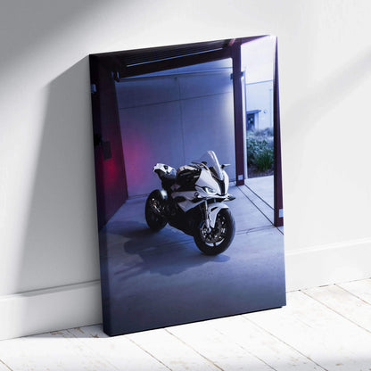 BMW S1000RR motorcycle canvas art with moody lighting, vertical museum-quality wall art.