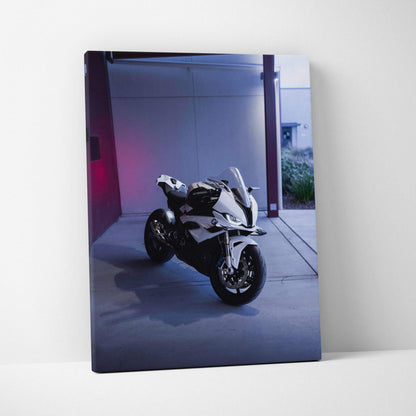 BMW S1000RR motorcycle in sleek white and black tones on vertical canvas wall art.