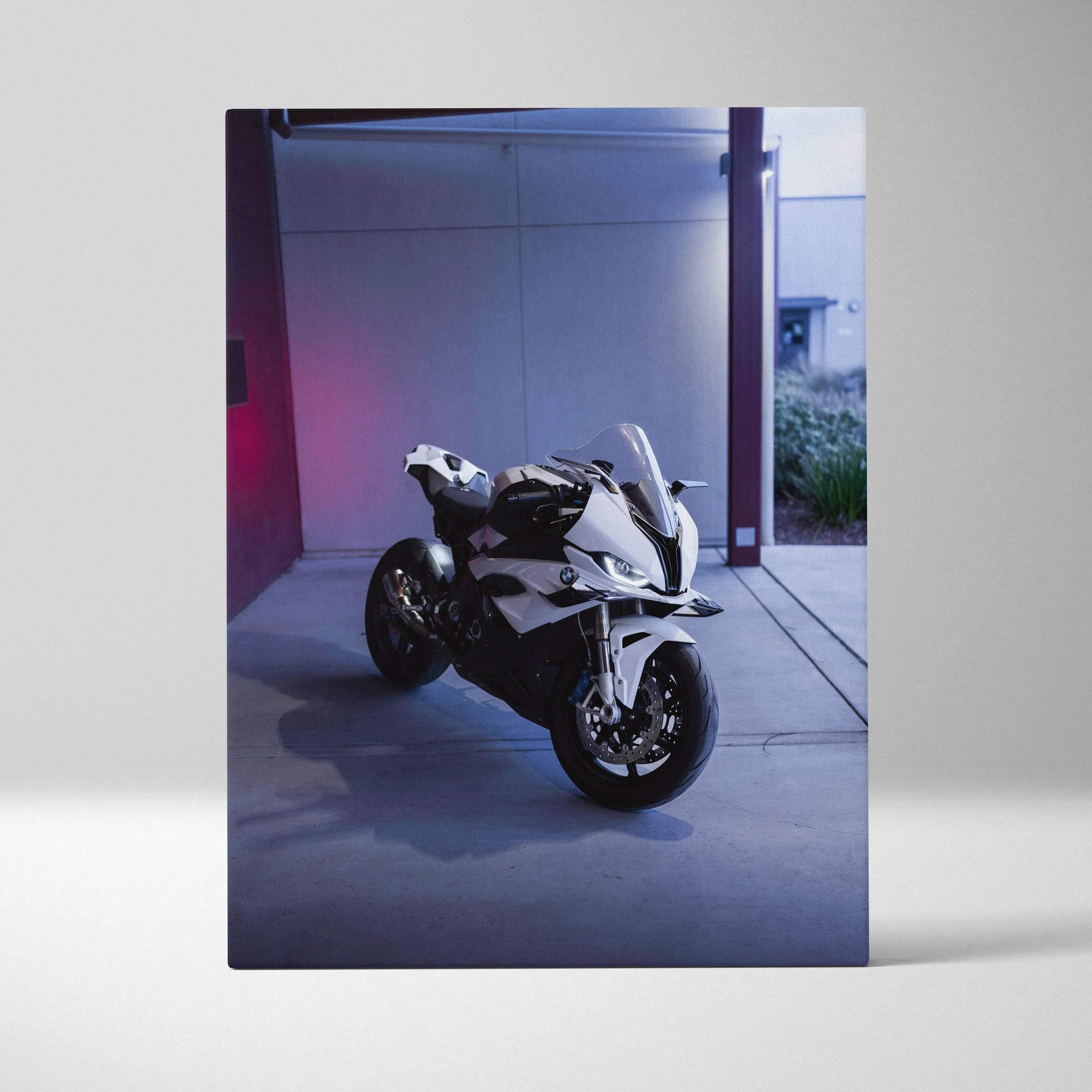 BMW S1000RR motorcycle canvas art with sleek white bike on modern vertical wall art panel.