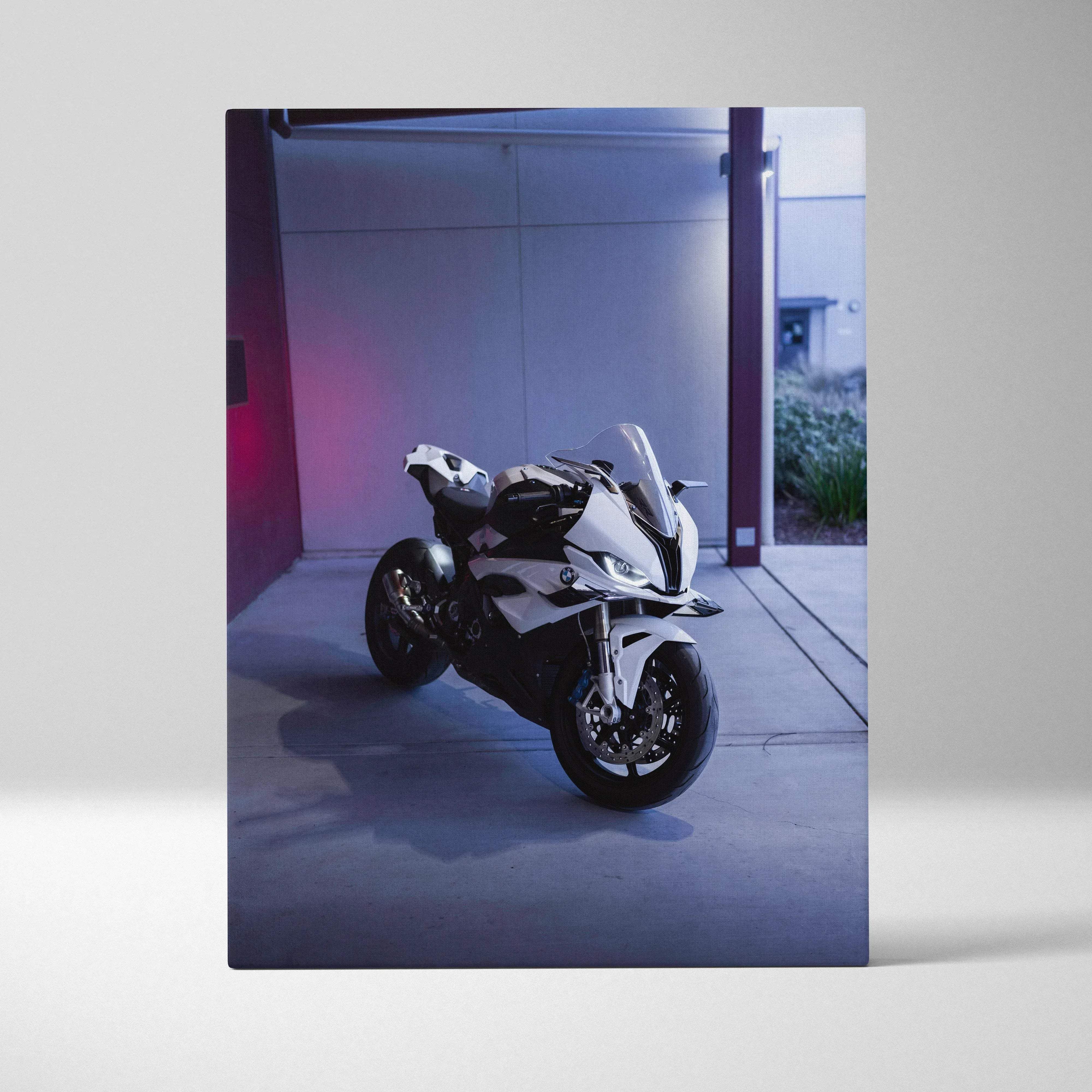 Canvas wall art photographic vertical print featuring a white and black bmw s1000rr sport motorcycle with sleek design