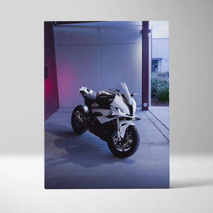 BMW S1000RR motorcycle canvas art with sleek white bike on modern vertical wall art panel.