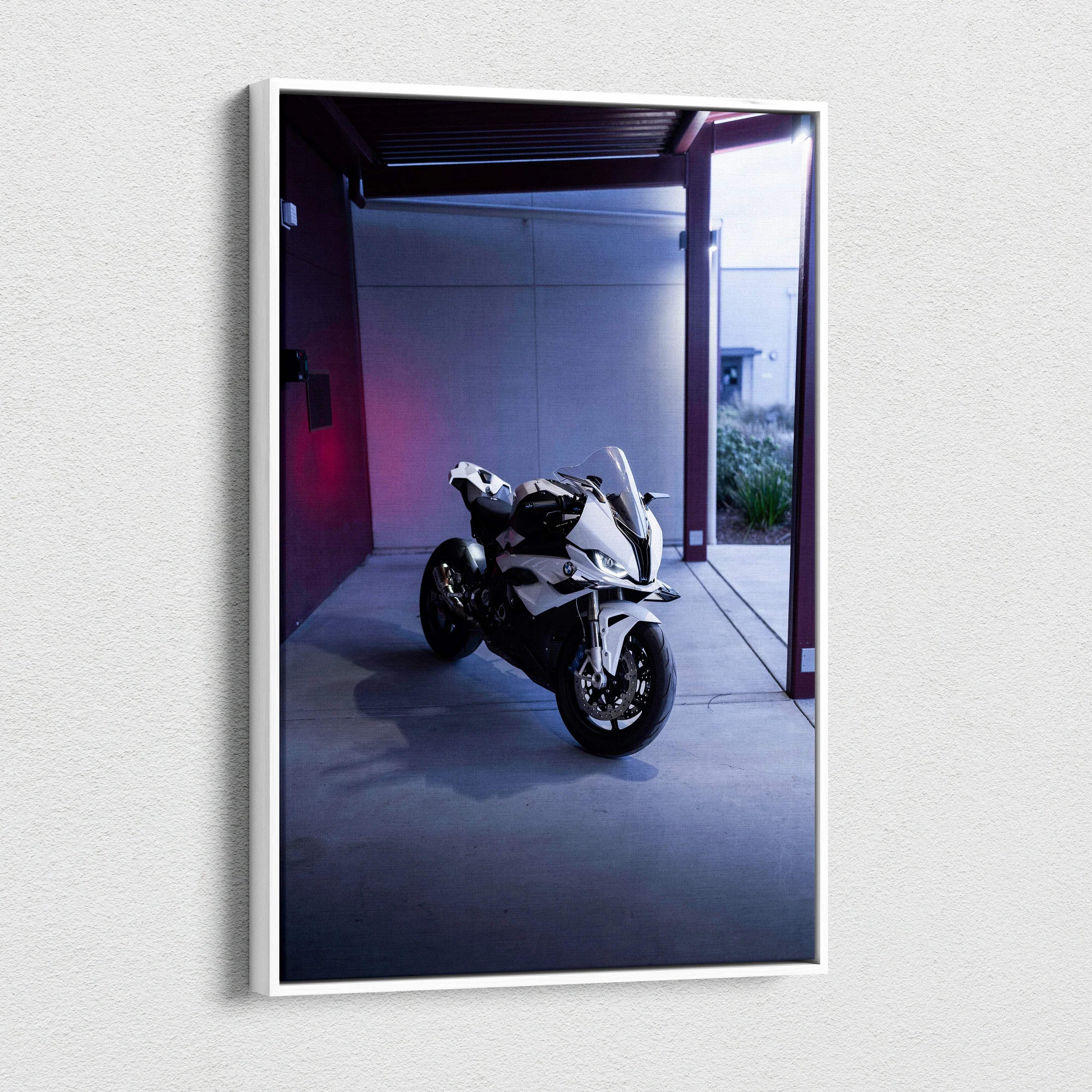 BMW S1000RR motorcycle canvas art in a modern garage setting, vertical wall art print.