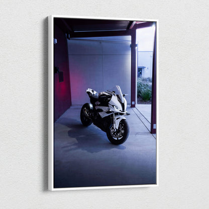 BMW S1000RR motorcycle canvas art in a modern garage setting, vertical wall art print.