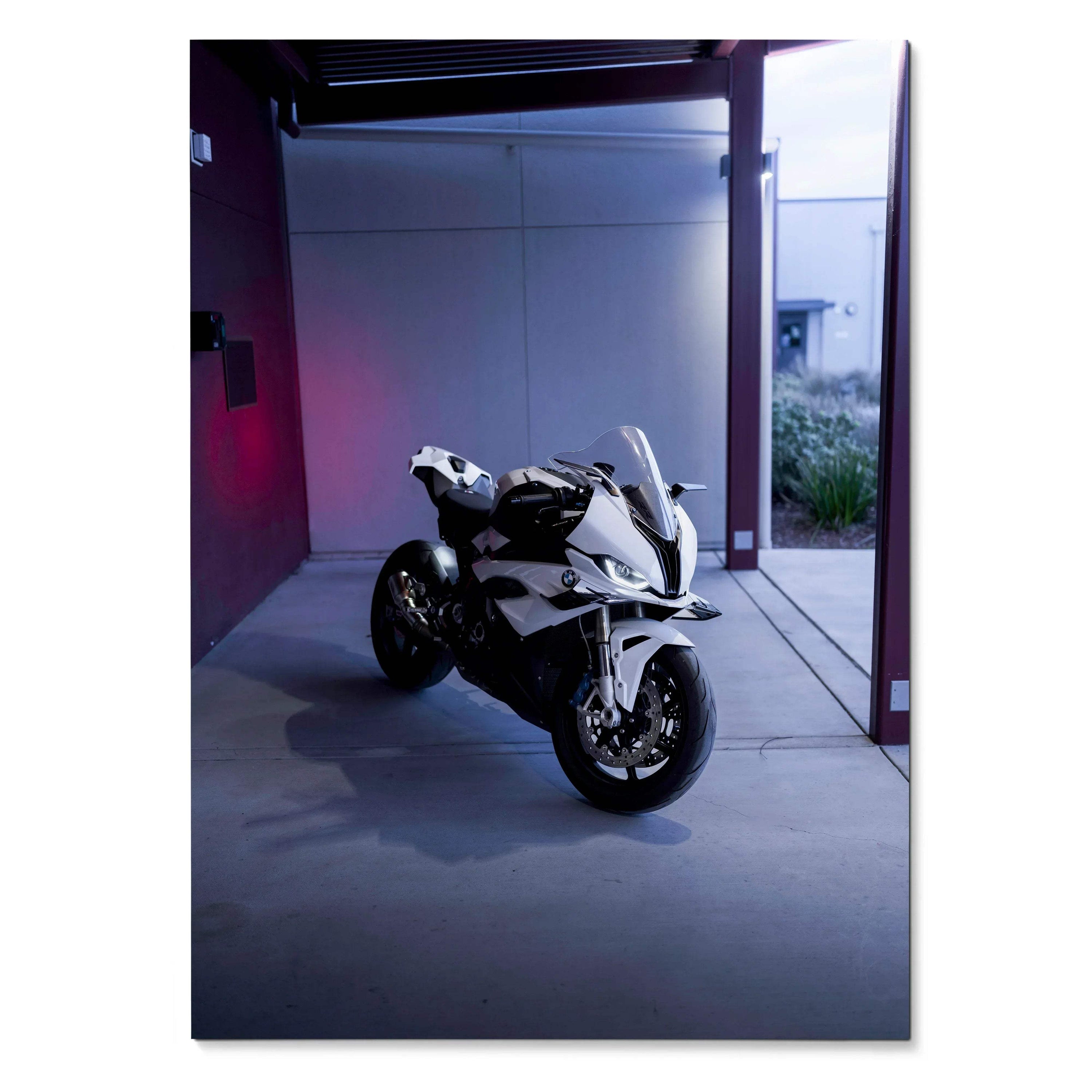 BMW S1000RR motorcycle poster in a moody, modern setting for premium wall art.