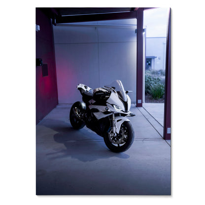 BMW S1000RR motorcycle poster in a moody, modern setting for premium wall art.
