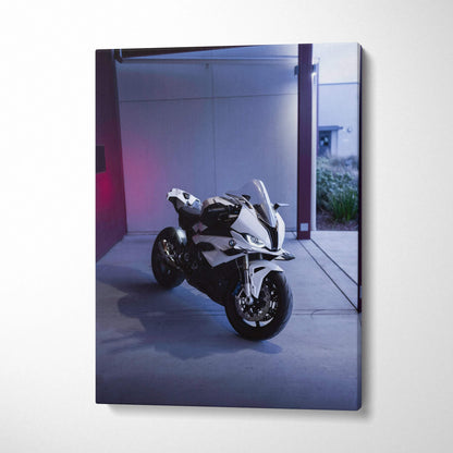 BMW S1000RR motorcycle canvas art with sleek white bike in modern ambient lighting wall art.