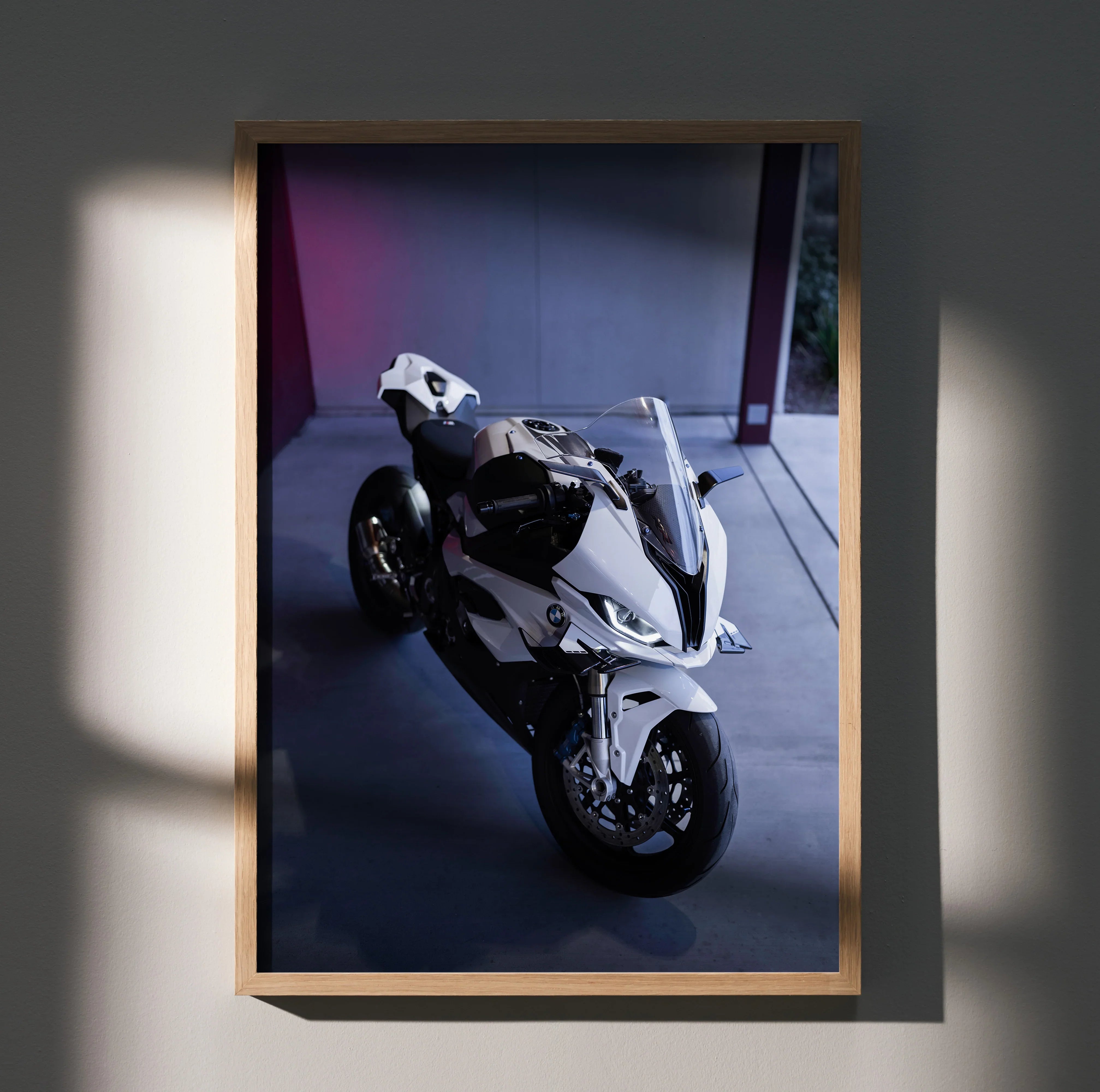 BMW S1000RR motorcycle art poster in sleek white and black, modern wall art design.