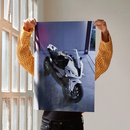 BMW S1000RR motorcycle art poster featuring sleek silver bike, modern wall art design.