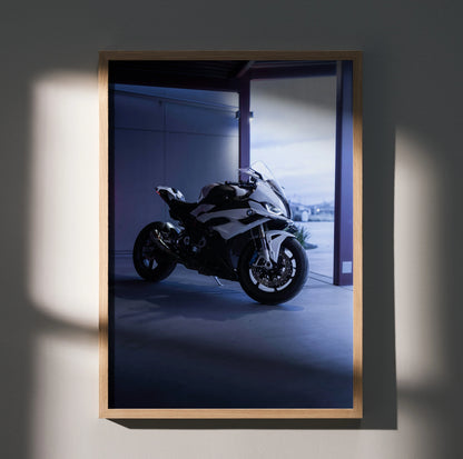 BMW S1000RR motorcycle poster wall art with sleek black and white design in wooden frame.