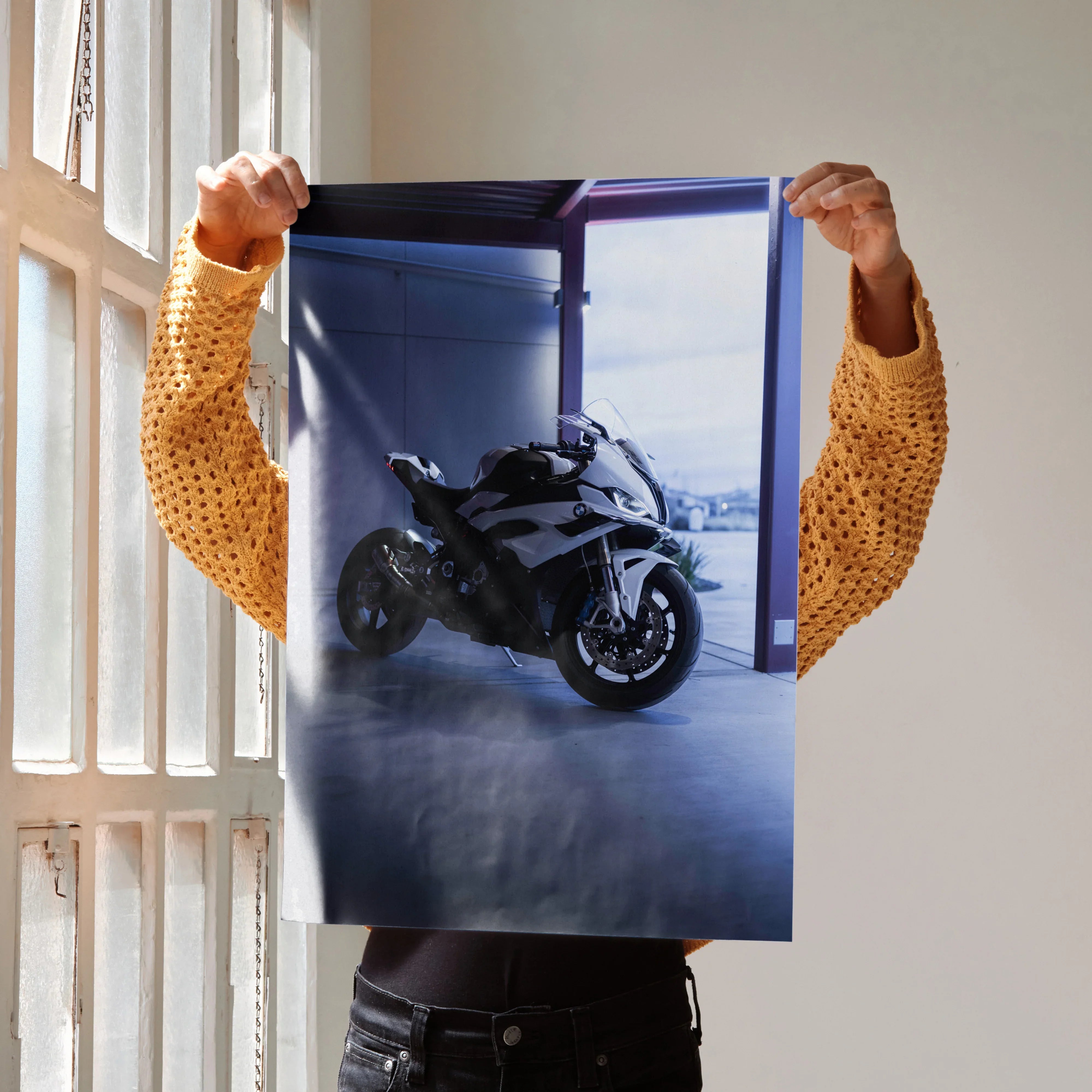 Poster of BMW S1000RR motorcycle wall art with urban background and moody lighting.