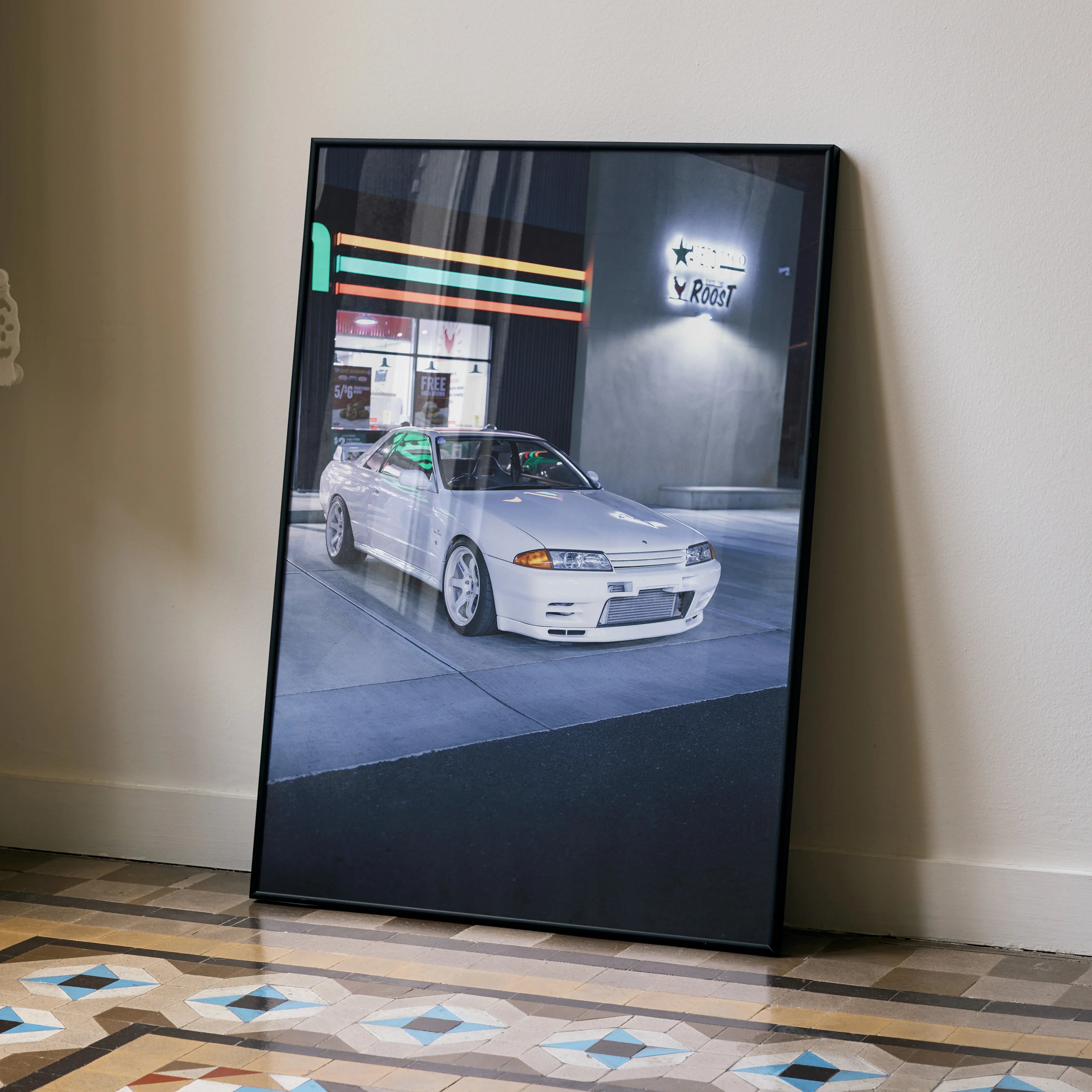 Nissan GTR R32 Skyline poster showing white car at gas station at night, vintage wall art.