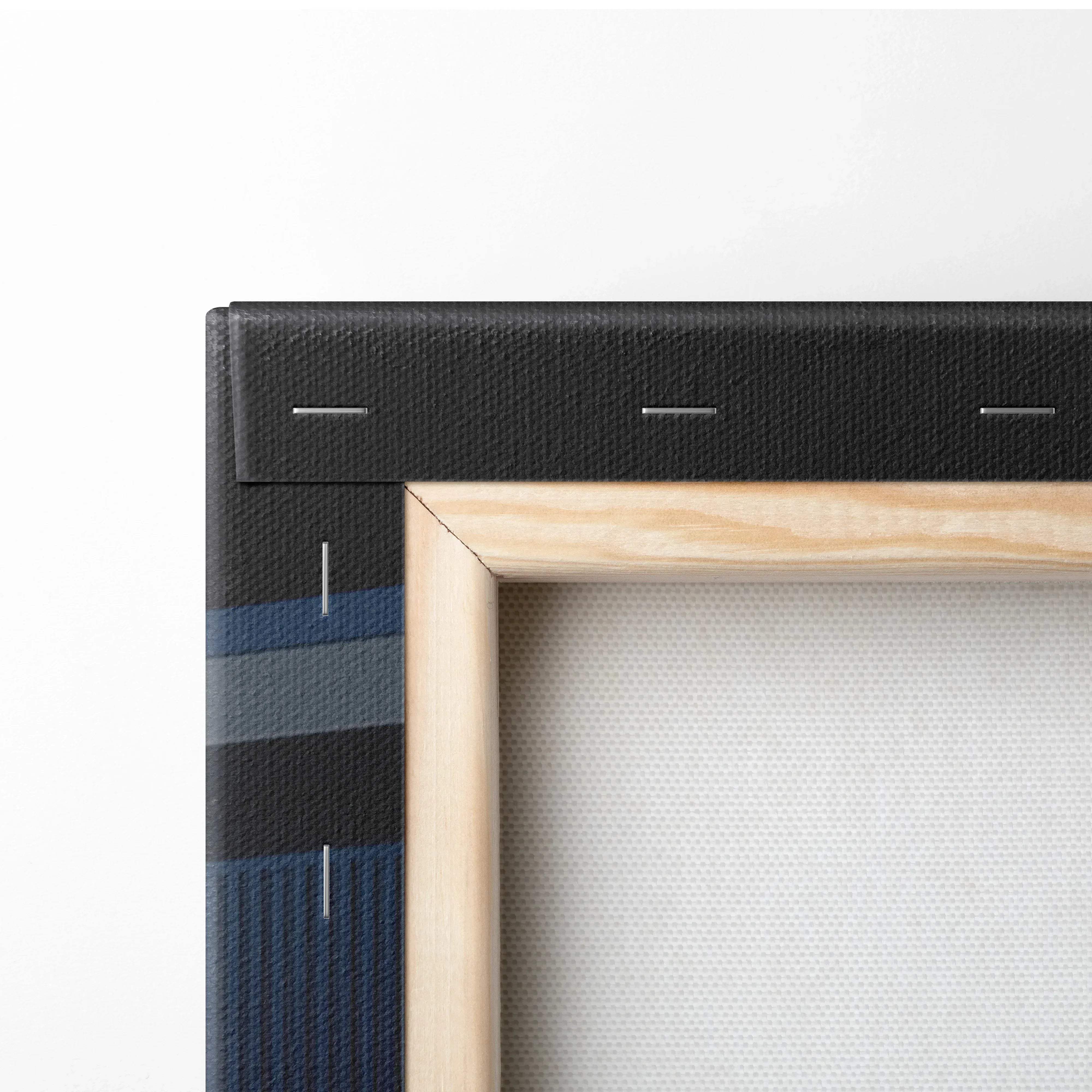 Minimalist canvas wall art with black textured border and blue gray stripes in light wood frame for nissan gtr r34 print