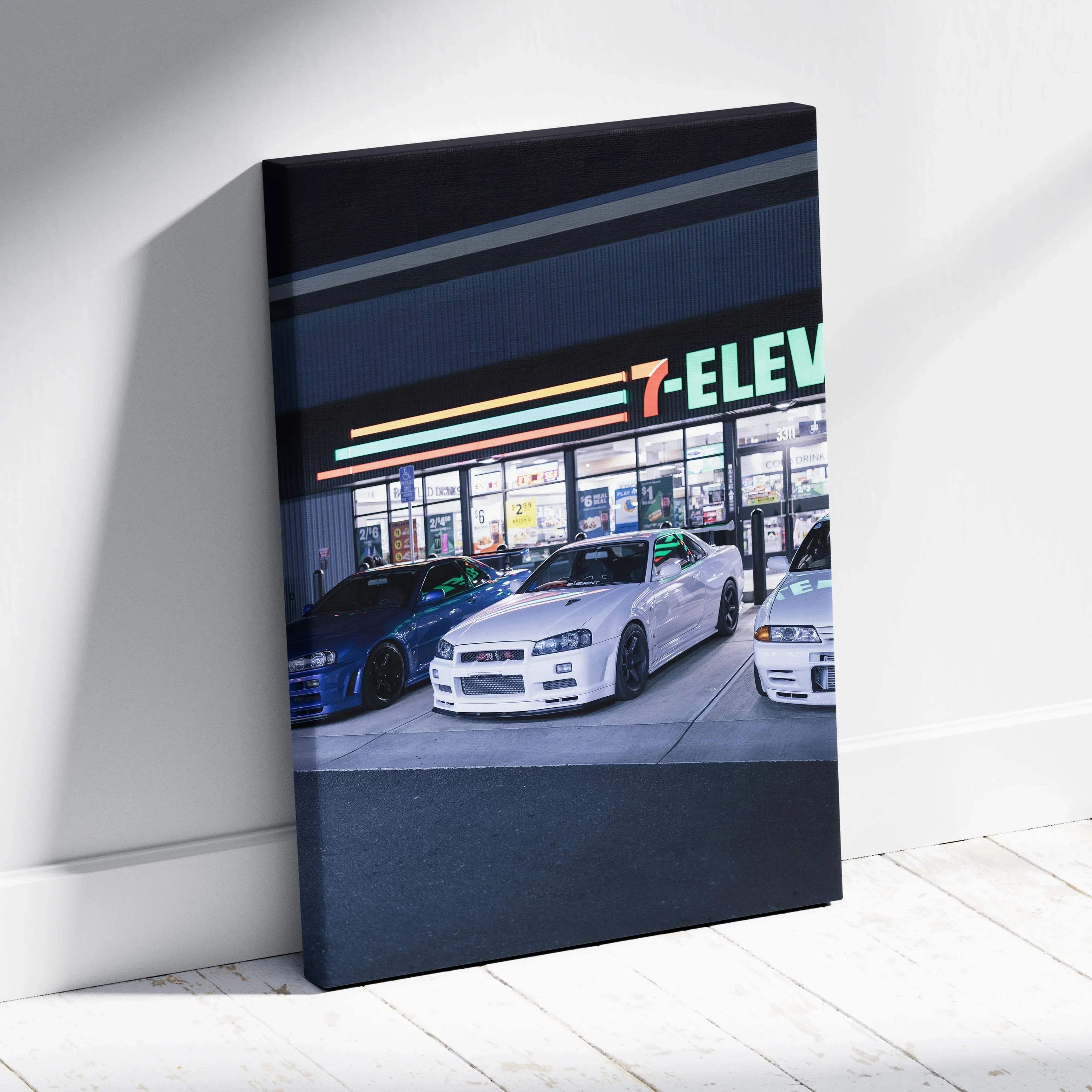 Vertical Nissan GTR R34 Skyline car canvas art with 7-Eleven storefront, museum-quality wall art.