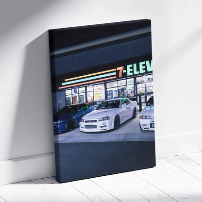 Vertical Nissan GTR R34 Skyline car canvas art with 7-Eleven storefront, museum-quality wall art.