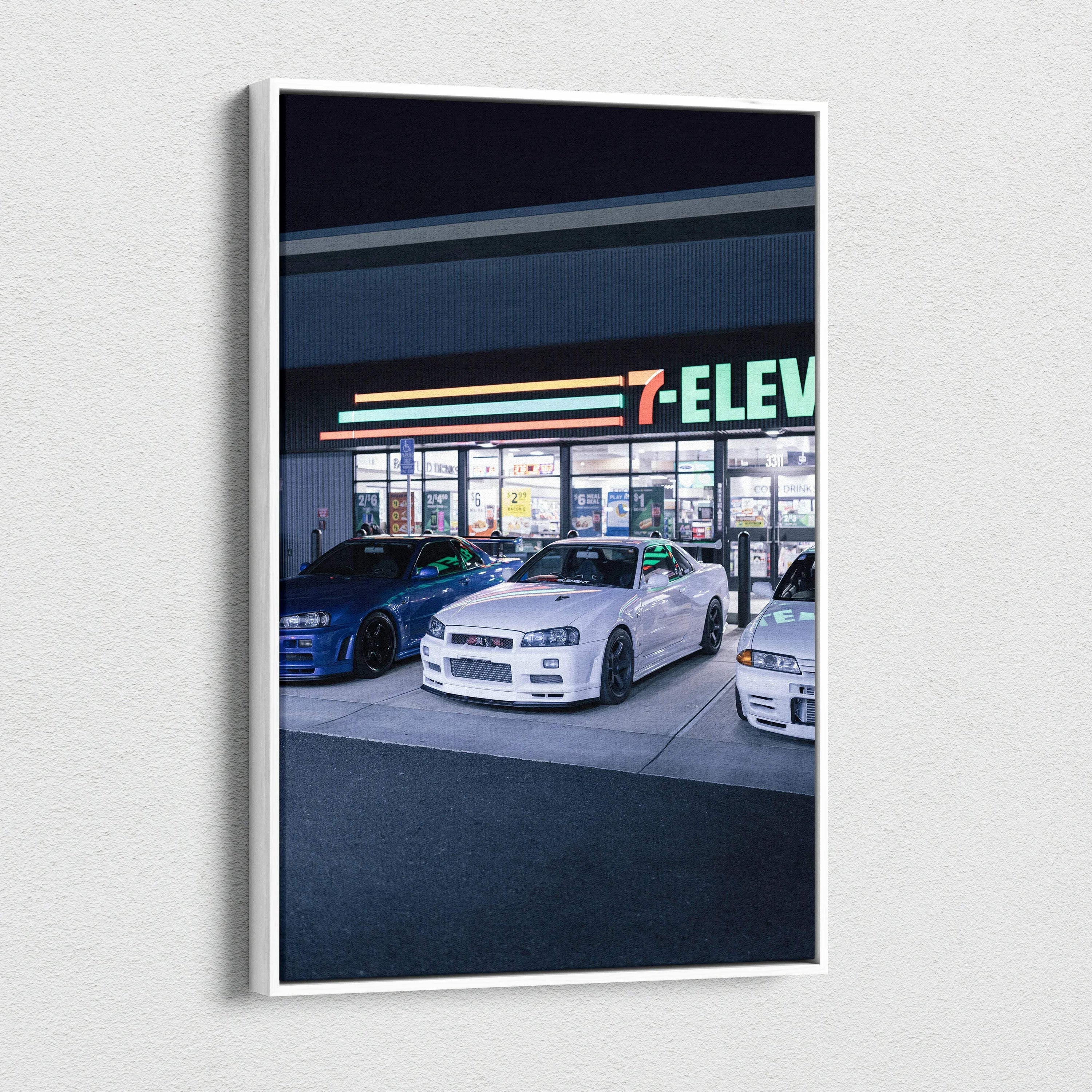 Nissan GTR R34 Skyline canvas art featuring nighttime 7-Eleven scene, vertical wall art print.