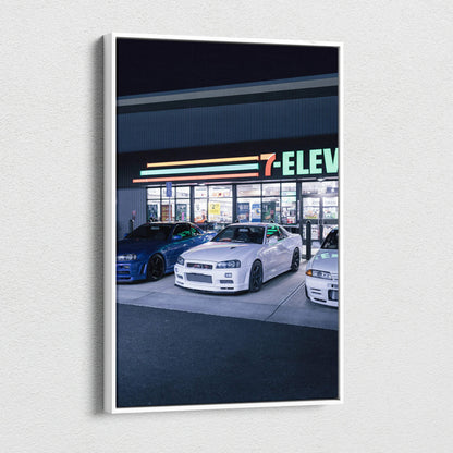 Nissan GTR R34 Skyline canvas art featuring nighttime 7-Eleven scene, vertical wall art print.