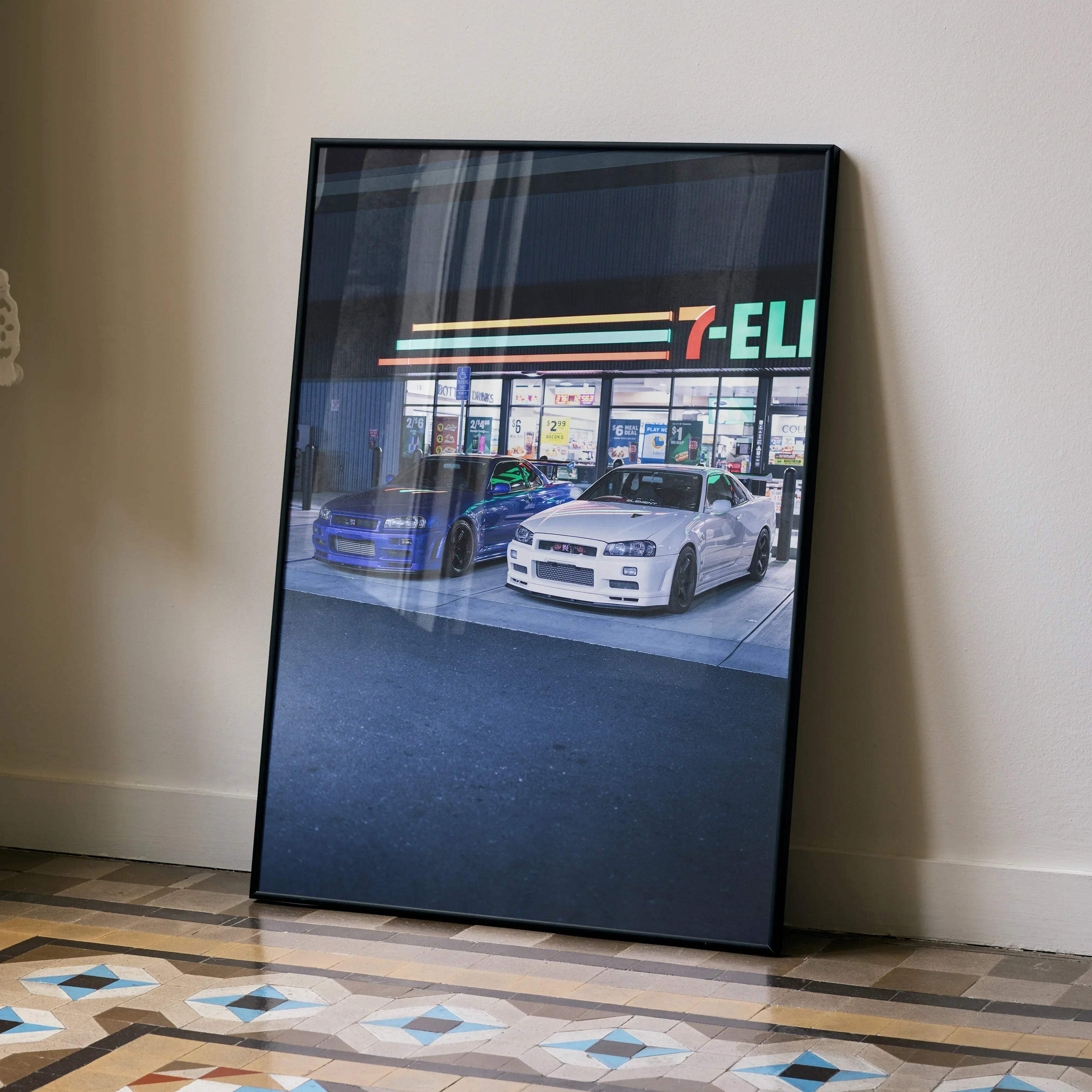 Nissan GTR R34 Skyline poster wall art with white car parked at 7-Eleven gas station at night.