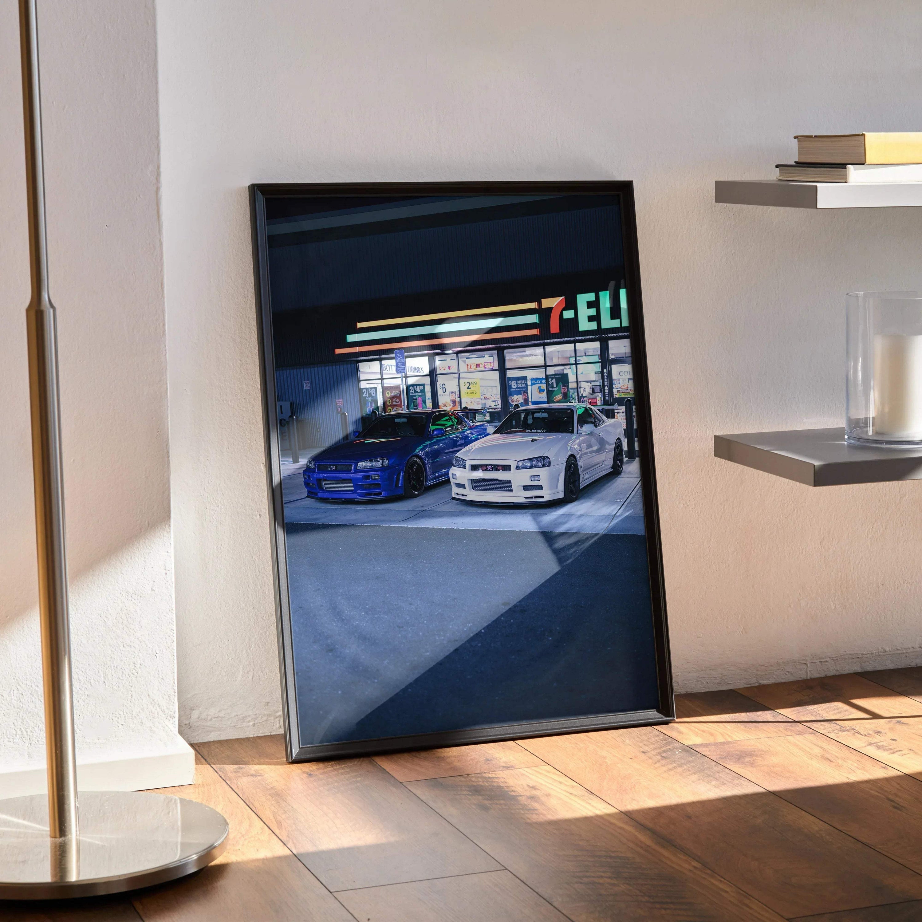 Nissan R34 GTR Skyline poster with night city background in black frame wall art.